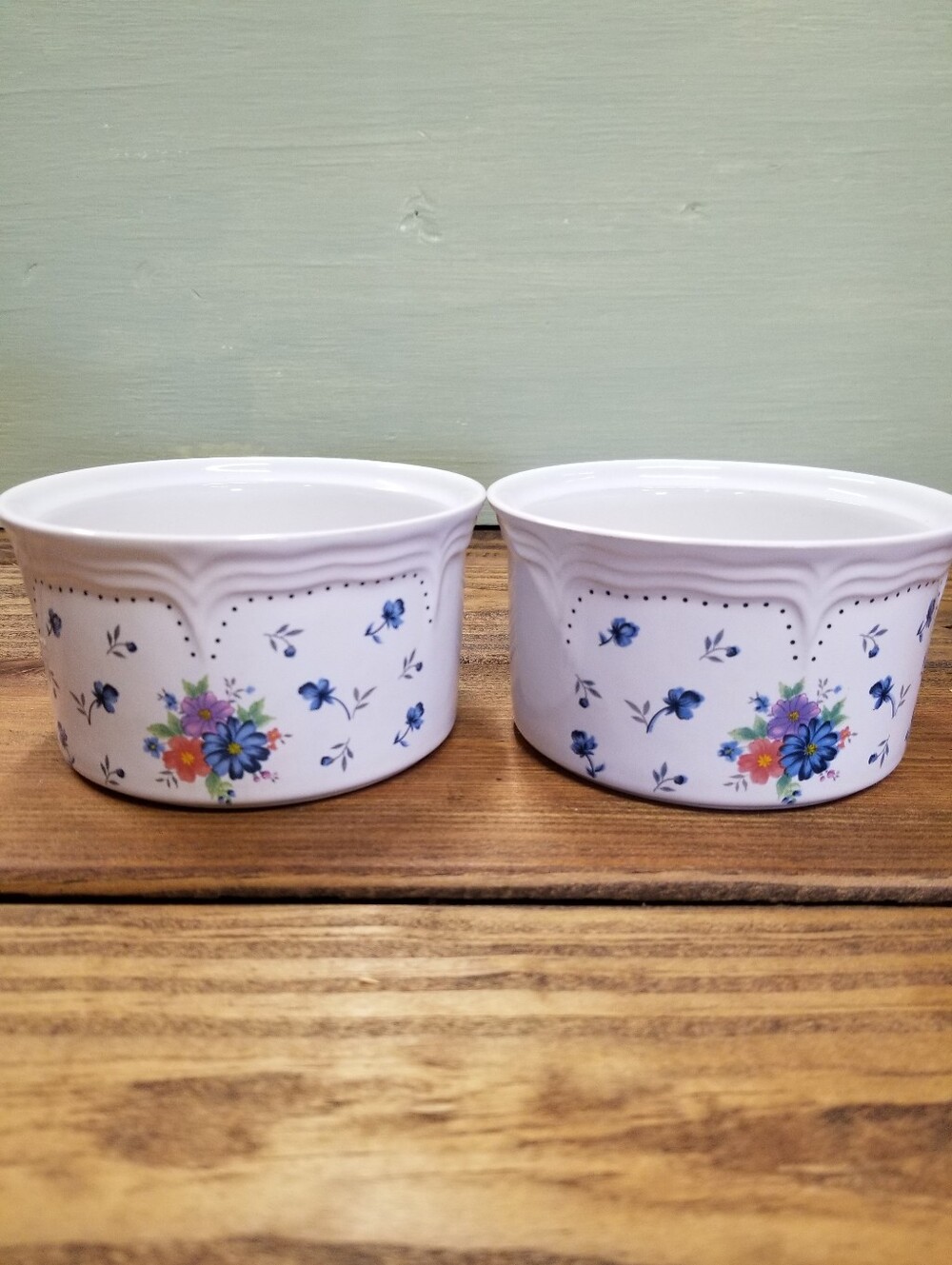 Vintage White Ceramic Stoneware Ramekins Floral Bouquet Set of 2 H17-C